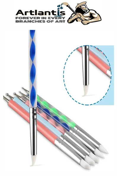 Silikon Tırnak Şekillendirme Kalemi 5 li 1 Paket Nail Art Metal Başlıklı Tırnak Süsleme Kalemi Nokta Boyama Modelleme - 3