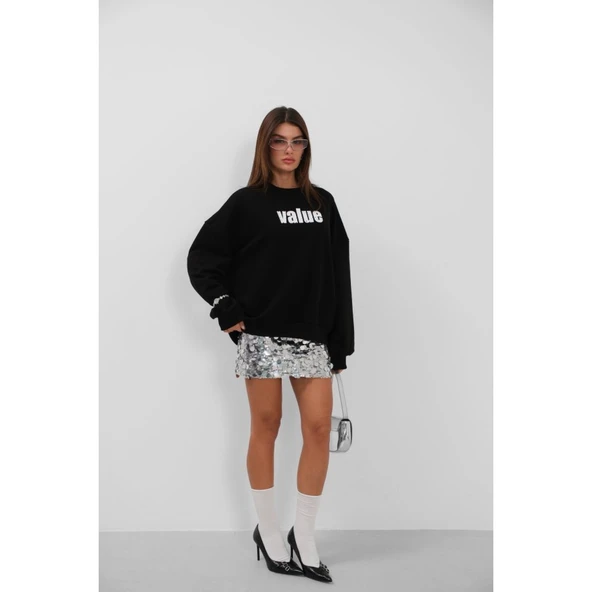Baskılı Sıfır Yaka Oversize Sweatshirt