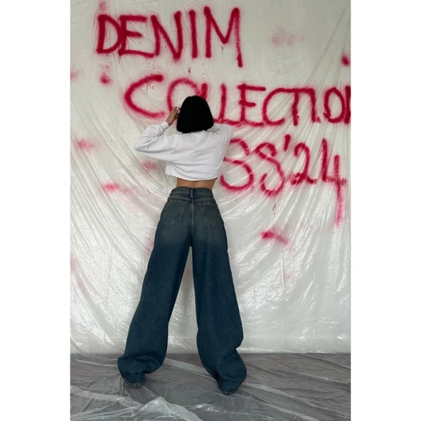 Lacivert Geniş Paça Jeans Pantolon - 3