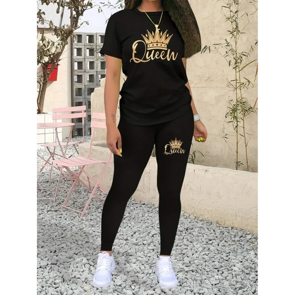 Kadın Kısa Kollu Queen Baskı Viskon Ikili Takım - 3