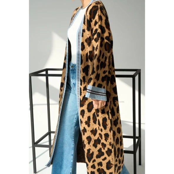 Uzun Leopar Hırka - Camel-Mavi - 5
