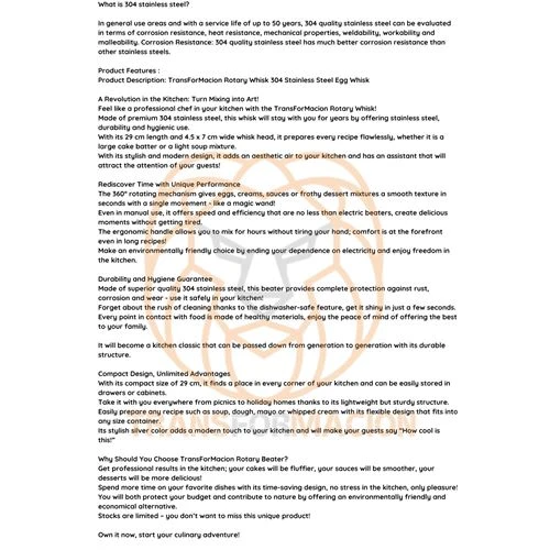 TransForMacion Dönerli Çırpıcı 304 Paslanmaz Çelik Yumurta Çırpıcı - 7