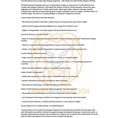 ModaCar Inox Lavabo Köşe Süzgeci Organizer 304 Paslanmaz Çelik - 7