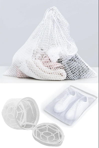 3lü Yıkama File Seti - Ayakkabı Filesi-plastik Aparatlı Sütyen Yıkama- Çamaşır Yıkama Filesi