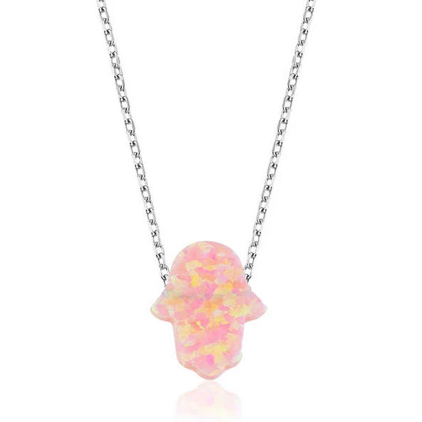 925 Ayar Gümüş Pembe Opal Fatma Ana Eli Kadın Gümüş Kolye ürün görseli
