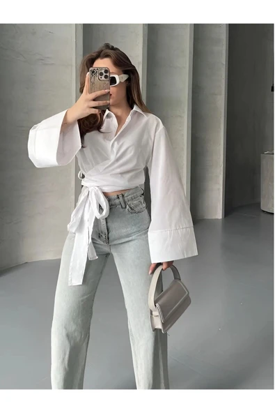 Pırıl Beyaz Geniş Kol Yandan Bağlamalı Trend Gömlek PIRIL-3779 - 3