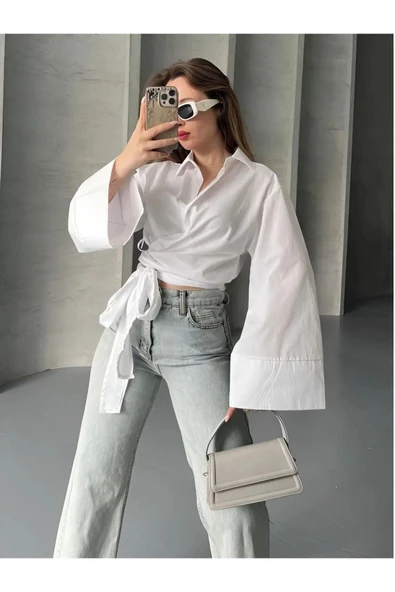 Pırıl Beyaz Geniş Kol Yandan Bağlamalı Trend Gömlek PIRIL-3779