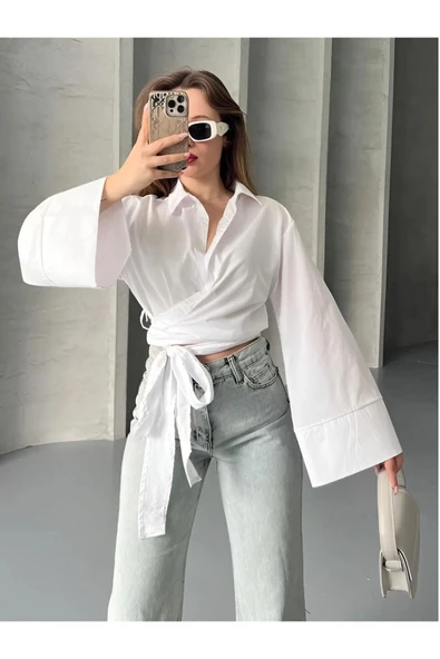 Pırıl Beyaz Geniş Kol Yandan Bağlamalı Trend Gömlek PIRIL-3779 - 2