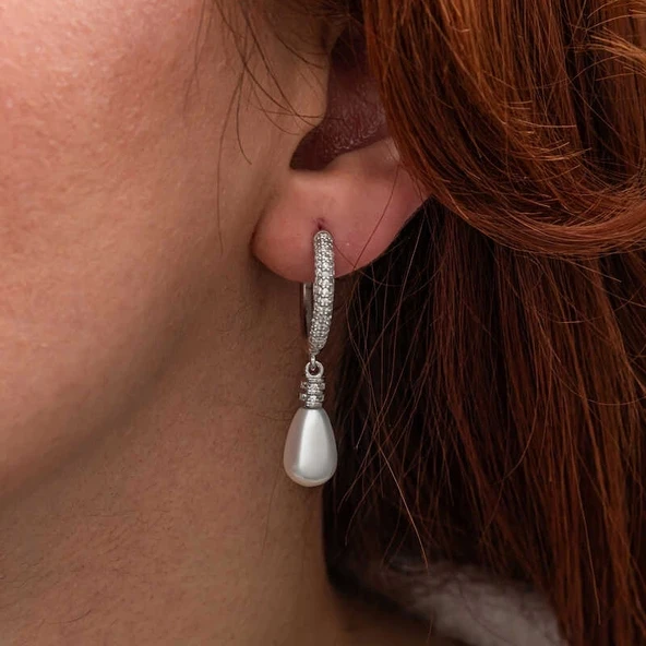 Gümüş Zirkon Taşlı Sallantılı Damla İnci Küpe - 2