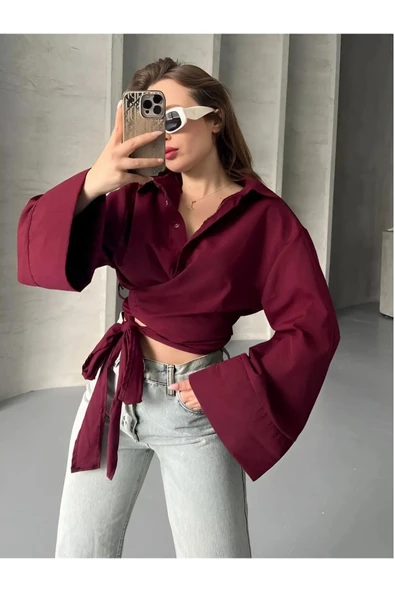 Pırıl Bordo Geniş Kol Yandan Bağlamalı Trend Gömlek PIRIL-3779