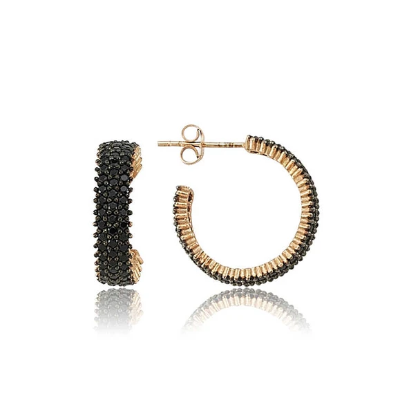 925 Ayar Gümüş Üç Sıralı Siyah Tamtur Küpe - Resim 2