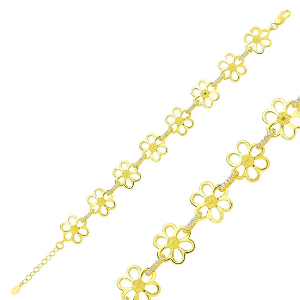 925 Ayar Gümüş Gold Sarı Papatya Bileklik - 2