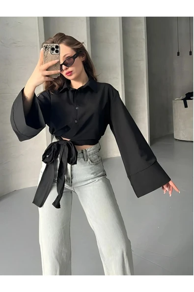 Pırıl Siyah Geniş Kol Yandan Bağlamalı Trend Gömlek PIRIL-3779