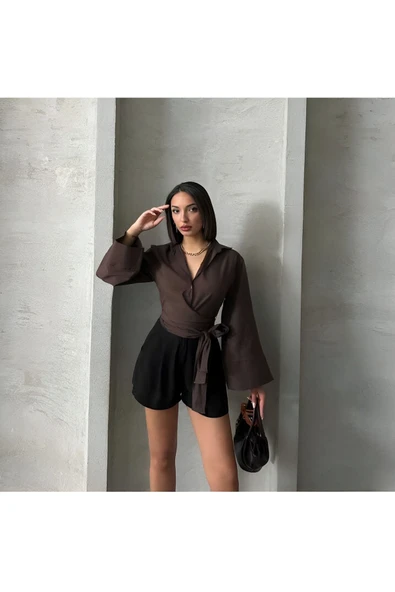 Pırıl Kahverengi Geniş Kol Yandan Bağlamalı Trend Gömlek PIRIL-3779