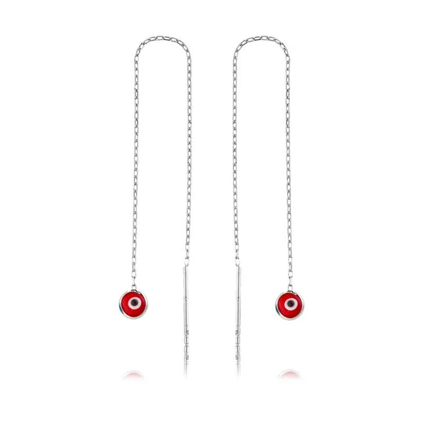 925 Ayar Gümüş Zincirli Kırmızı Nazar Küpe - 2