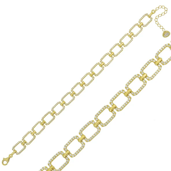 925 Ayar Gümüş Gold Kare Taşlı Bileklik - 2