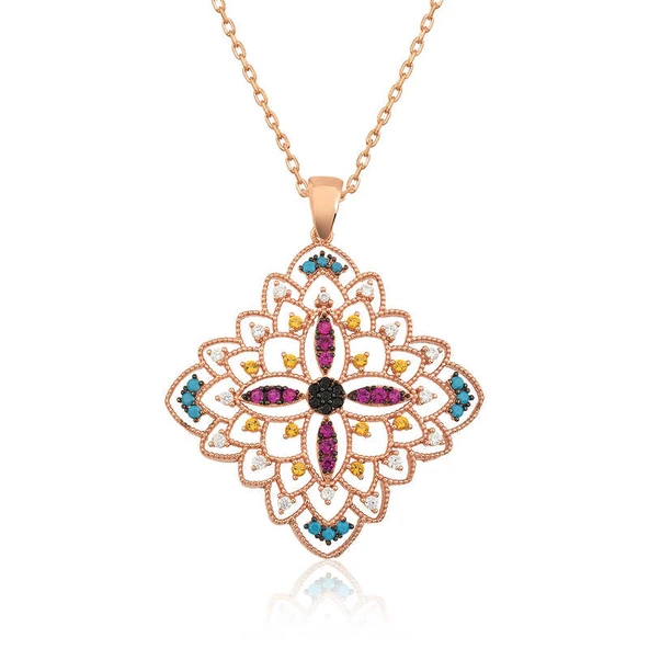 925 Ayar Gümüş Rose Etnik Desenli Madalyon Kolye ürün görseli 1