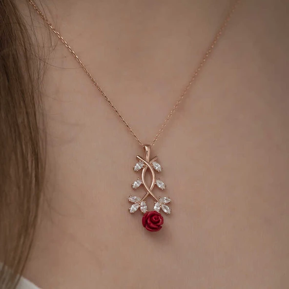 ​925 Ayar Gümüş Rose Kırmızı Gül Gümüş Kolye - 3