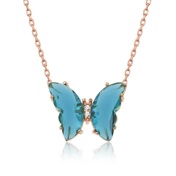 925 Ayar Gümüş Rose Turkuaz Cam Kelebek Kolye ürün görseli