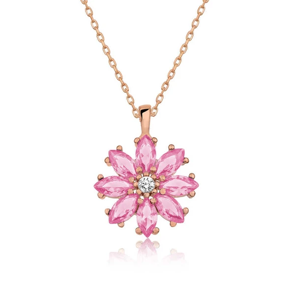 925 Ayar Gümüş Rose Pembe Çiçek Kadın Gümüş Kolye