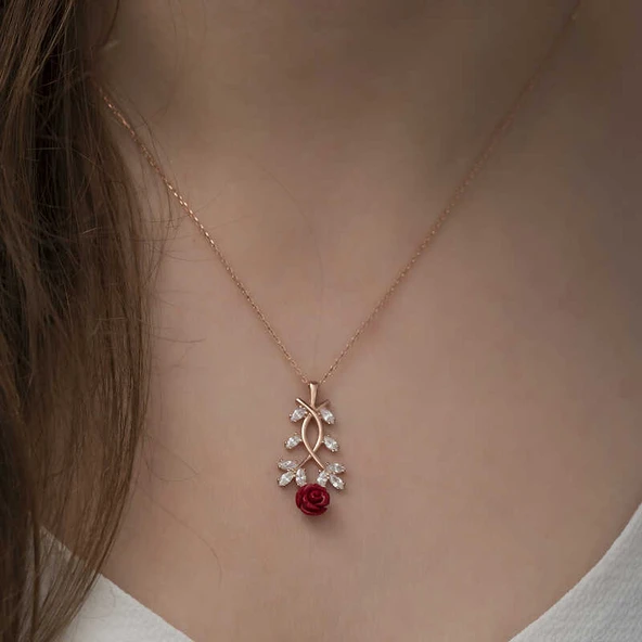 ​925 Ayar Gümüş Rose Kırmızı Gül Gümüş Kolye - 2