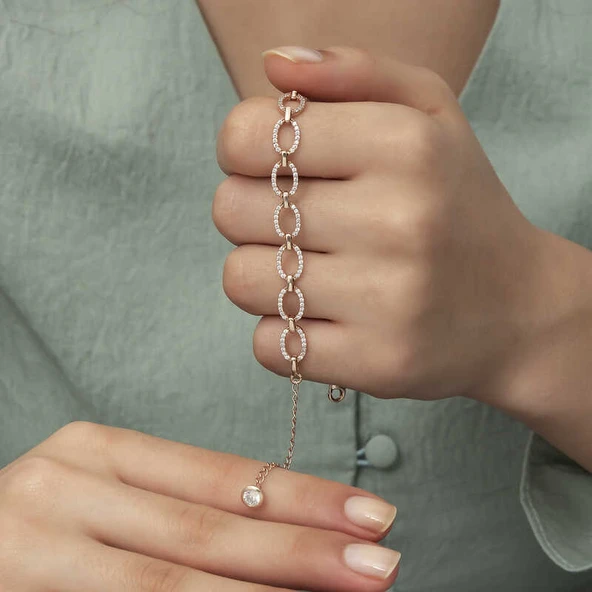 925 Ayar Gümüş Rose Oval Taşlı Bileklik - Resim 4