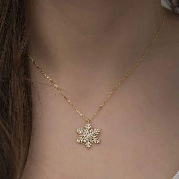 925 Ayar Gümüş Gold Kar Tanesi Kadın Gümüş Kolye - 3
