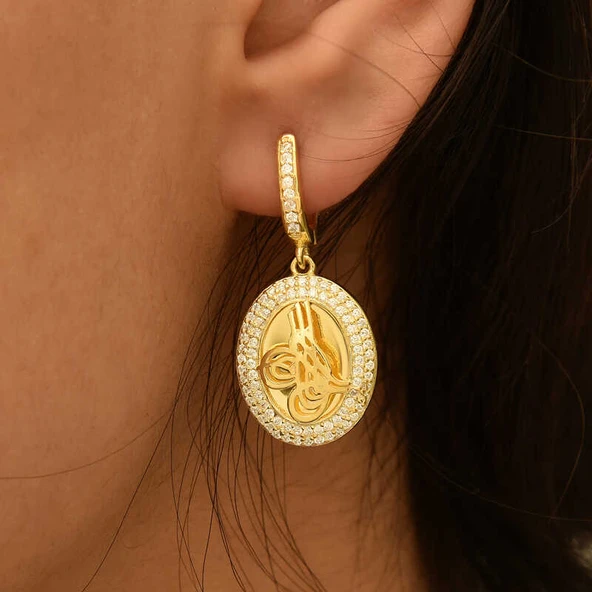 Gümüş Tuğralı Oval Küpe - Resim 2