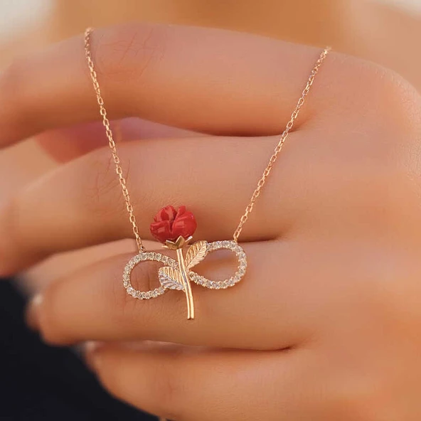925 Ayar Gümüş Rose Sonsuz Gül Kadın Gümüş Kolye - 5