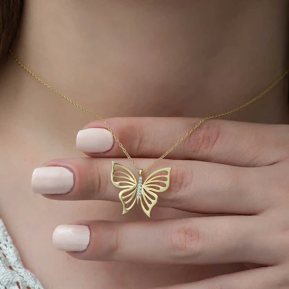 ​925 Ayar Gümüş Gold Bahar Kelebeği Kadın Gümüş Kolye - Resim 3