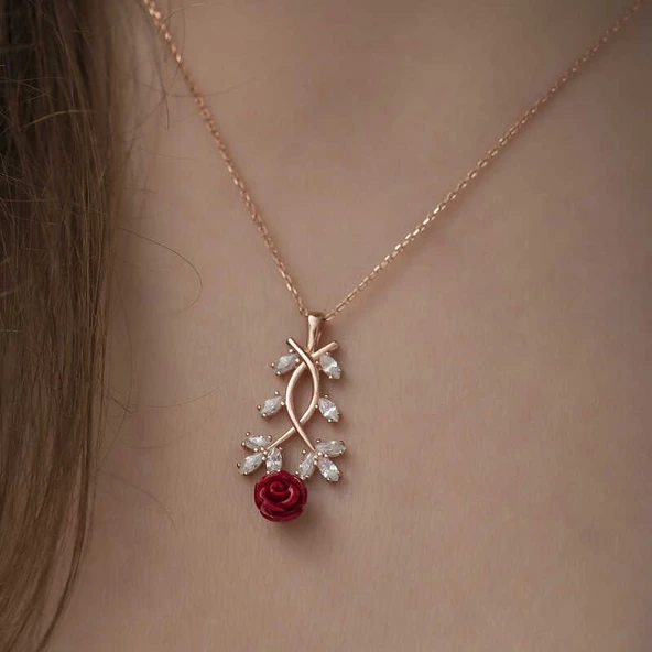 ​925 Ayar Gümüş Rose Kırmızı Gül Gümüş Kolye - 4