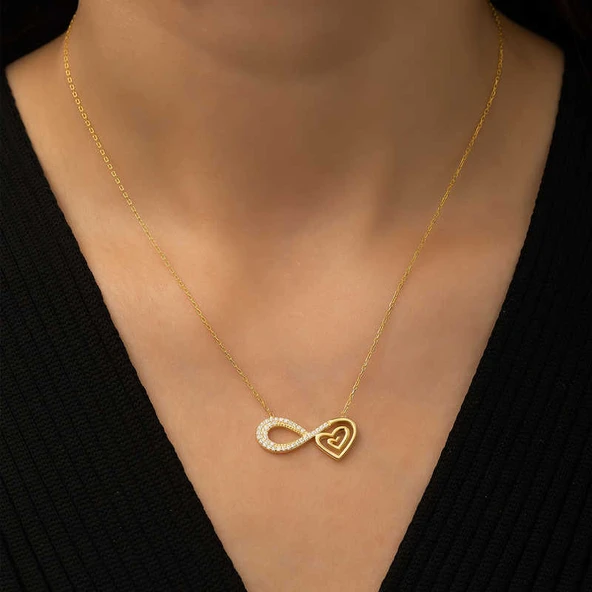 925 Ayar Gümüş Gold Kalpli Sonsuzluk Kadın Gümüş Kolye - 3