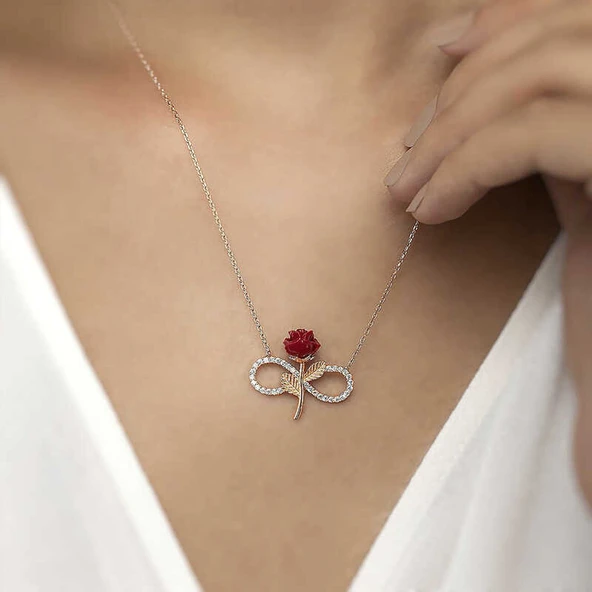 925 Ayar Gümüş Rose Sonsuz Gül Kadın Gümüş Kolye - 2