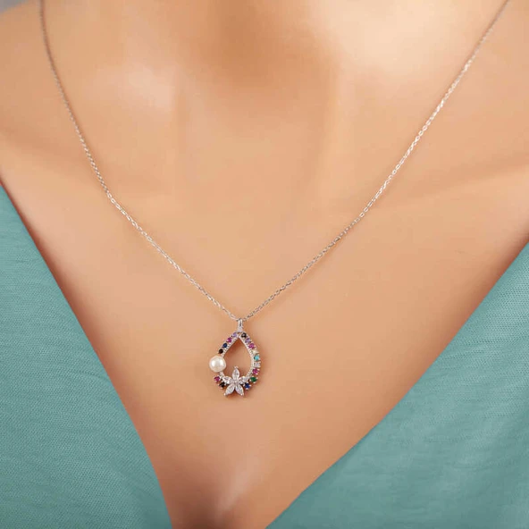 Gümüş Renkli Taşlı Çiçekli Kadın Kolye - Resim 4