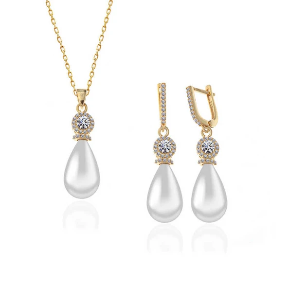 925 Ayar Gümüş Gold Damla İnci Kadın Set - 3
