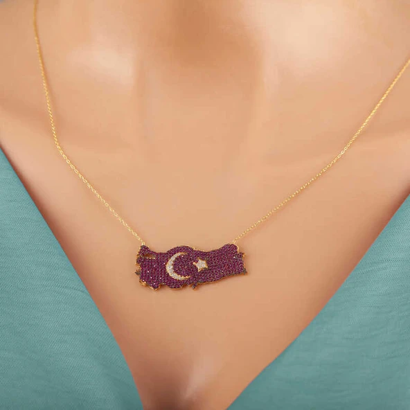 925 Ayar Gümüş Gold Ay Yıldız Türkiye Haritası Kadın Kolye - 3