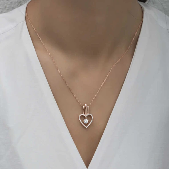 925 Ayar Gümüş Kalpli Tek Taş Kadın Gümüş Kolye - Resim 3