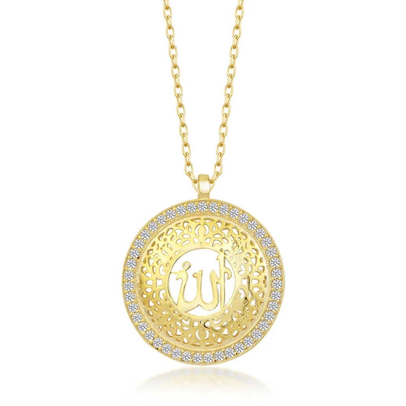 Gümüş Gold Allah Yazılı Kadın Kolye - 3