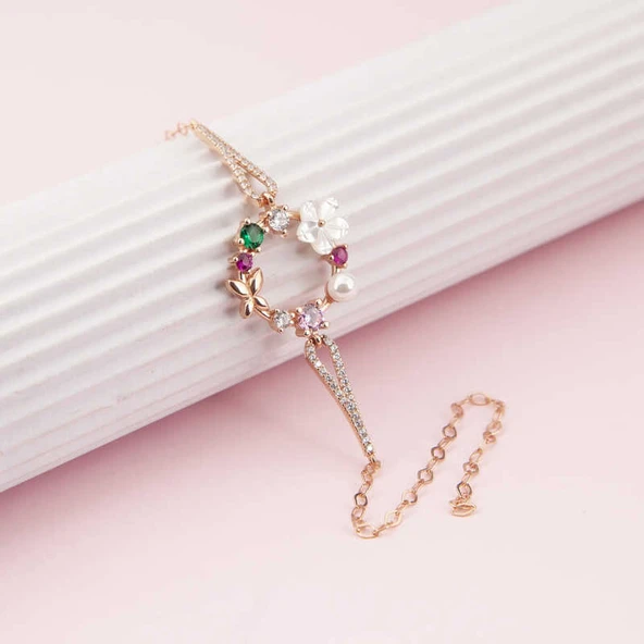 925 Ayar Gümüş Rose Renkli Manolya Çiçeği  Kadın Bileklik ürün görseli