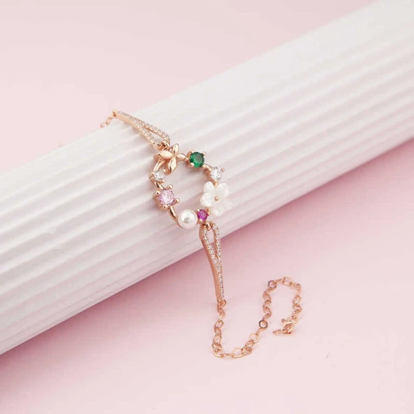 925 Ayar Gümüş Rose Kalp Manolya Çiçeği Kelebek Kadın Bileklik ürün görseli