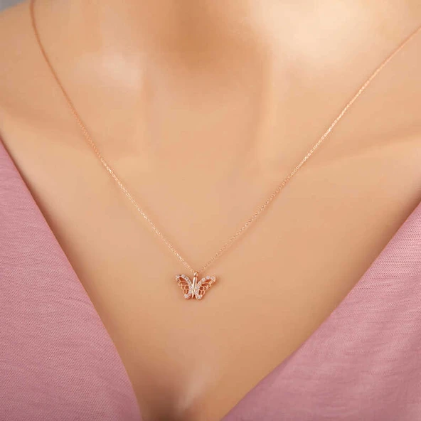 925 Ayar Gümüş Rose Kelebek Kadın Gümüş Kolye ürün görseli
