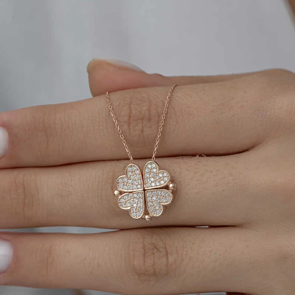 925 Ayar Gümüş Rose Kalpli Açılabilen Yonca Kadın Kolye - Resim 4