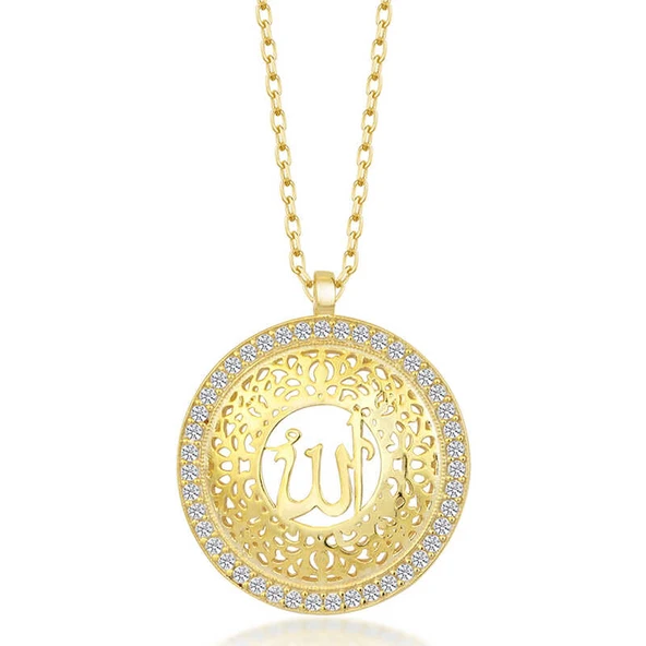 Gümüş Gold Allah Yazılı Kadın Kolye - 4