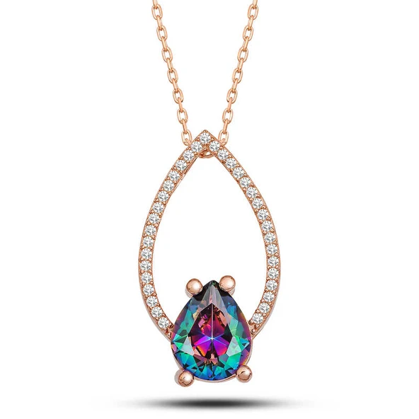 Gümüş Rose Mistik Topaz Taşlı Damla Kadın Kolye - Resim 2