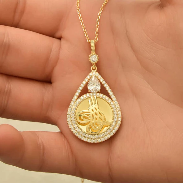 925 Ayar Gümüş Gold Kaplama Damla Tuğralı Kadın Kolye - 2