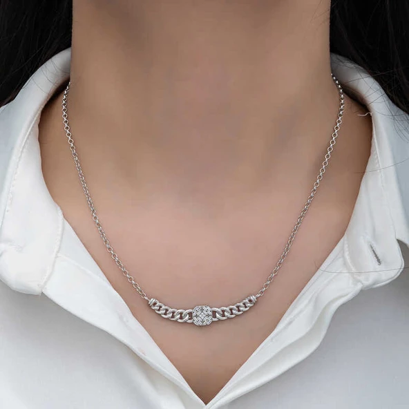 Gümüş Gurmet Zincirli Kare Baget Taşlı Kadın Kolye - Resim 4