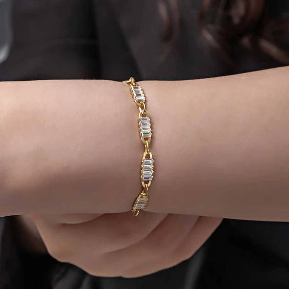 925 Ayar Gümüş Gold Baget Taşlı Kadın Bileklik - 2