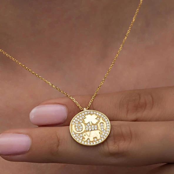 925 Ayar Gümüş Gold Fil Motifli Şans Kadın Kolye - 5