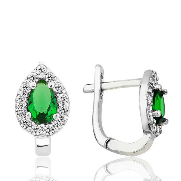 Gümüş Yeşil Taşlı Damla J Kadın Küpe - 2