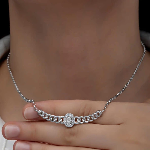 Gümüş Gurmet Zincirli Oval Baget Taşlı Kadın Kolye - Resim 2